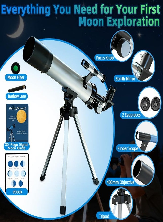 Luzsco Telescope for Kids 50mm 100x Magnification Beginner Silver Telescopio with Tripod, 2 Eyepieces, Finder Scope Set, STEM Educational Astronomy Chritstmas Gift for Boys & Girls Ages 6-12 - Image 2